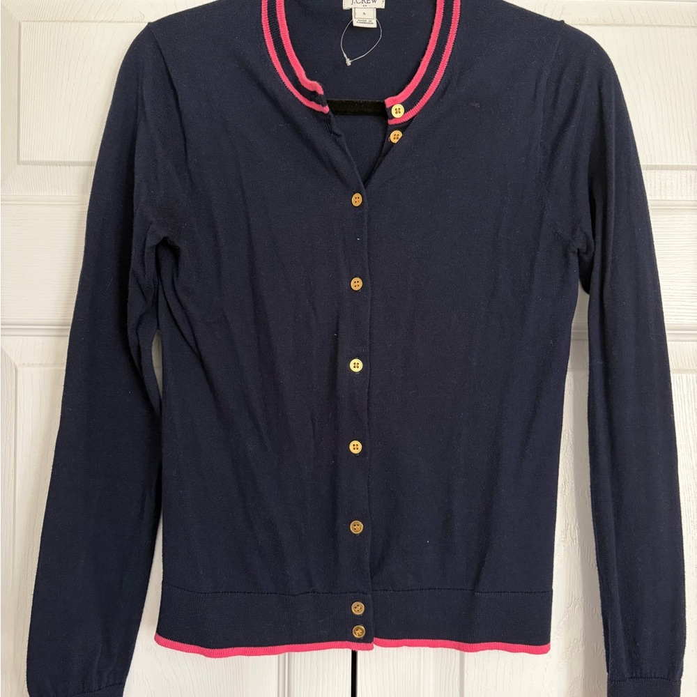 J. Crew Navy Sweater with Pink Edges and Gold Buttons